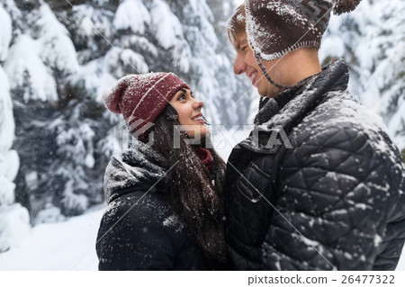 Young Romantic Couple In Snow Forest Outdoor Man 26477322