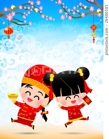 Chinese boy and chinese girl cartoon have smile  26486585