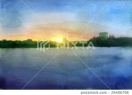 watercolor sketch: landscape with sunset 26486706