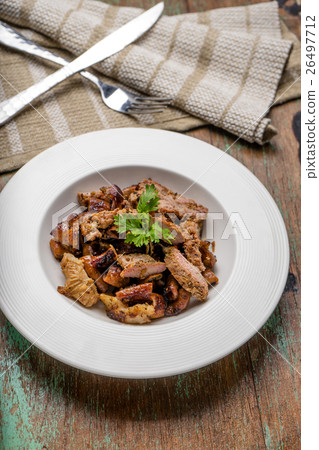 Grill pork on wooden table.  (Thai style food) 26497712
