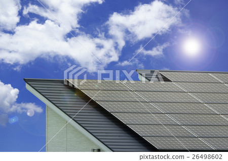 Solar panel power generation system exposed to sunlight in direct sunlight roof installation and blue sky white cloud ECO energy power liberalization image 26498602