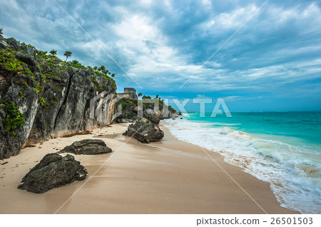 White sand beach and ruins of Tulum, Mexico White sand beach and ruins of Tulum, Mexico 26501503