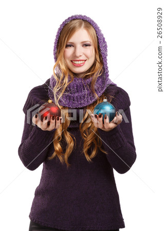 Smiling beautiful woman in pullover and purple scarf with bright 26508929
