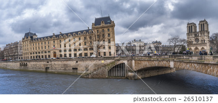 Cloudy sky over french buildings and Seine Cloudy sky over french buildings and Seine 26510137