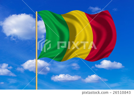 Flag of Mali waving on blue sky background 26510843