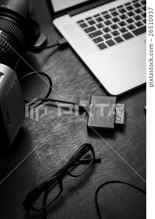 From above view of workplace with laptop From above view of workplace with laptop 26510937