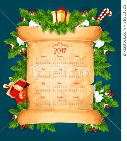 Christmas calendar on scroll with pine tree, gift Christmas calendar on scroll with pine tree, gift 26513325