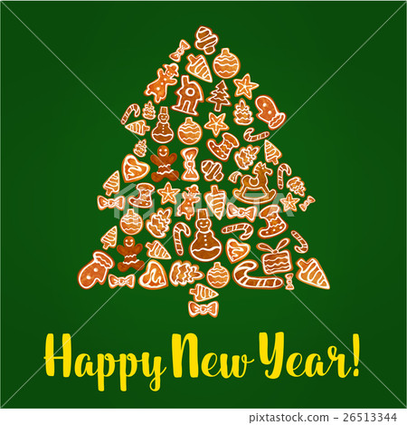 Gingerbread New Year tree greeting card design 26513344
