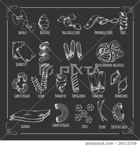 Pasta chalk sketch icons on blackboard 26513356