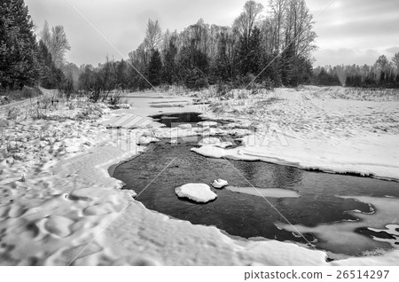 Winter landscape. Ice-river.Black-and-white image. 26514297