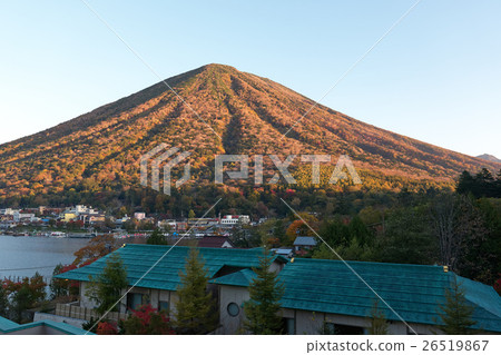 Ridge of Chuzenji early in the morning, inn with copper sheet roofing roof and Mt. Kanzan, Nikko city, Tochigi prefecture 26519867