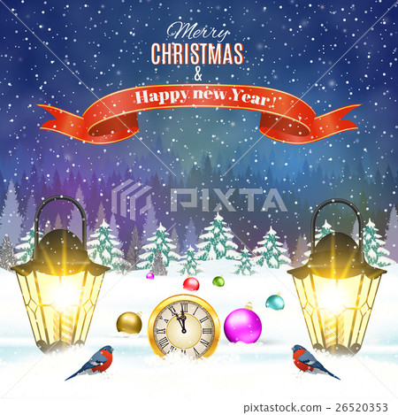 Christmas vintage greeting card on winter village 26520353
