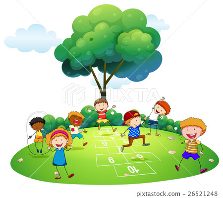 Many Children Playing Hopscotch In The Park Stock Illustration 26521248 Pixta