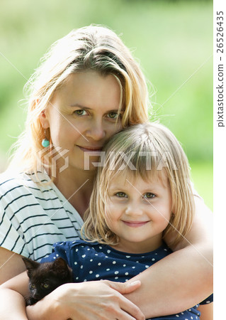 Portrait of a Mother and Daughter with a Kitten Portrait of a Mother and Daughter with a Kitten 26526435