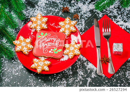 Beautifully laid Christmas table with gingerbread  26527294