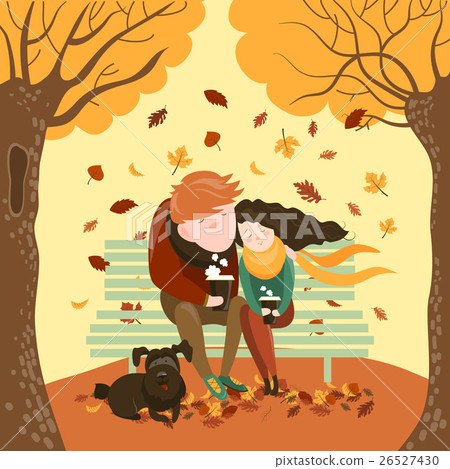 Couple sitting on bench and drink coffee Couple sitting on bench and drink coffee 26527430