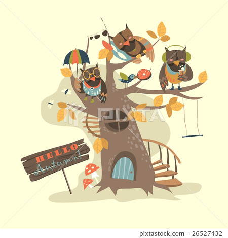 Funny owls on the autumn tree Funny owls on the autumn tree 26527432