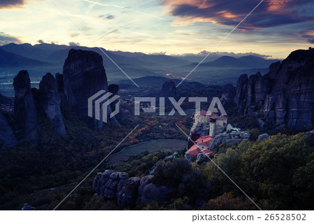 Meteora monasteries after sunset, Greece 26528502