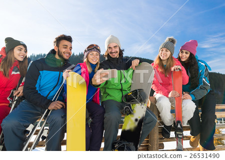 People Group With Snowboard And Ski Resort Snow 26531490