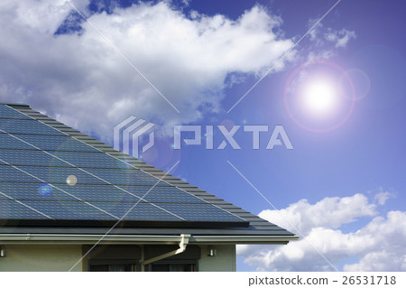 Solar panel power generation system exposed to sunlight in direct sunlight roof installation and blue sky white cloud ECO energy power liberalization image 26531718
