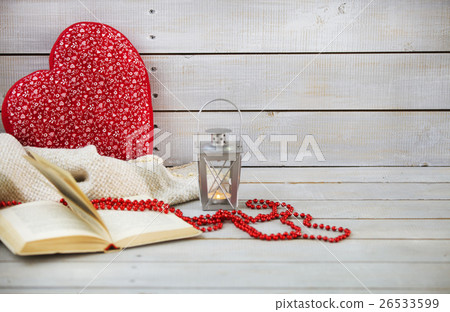 Christmas still life with lantern and red beads 26533599