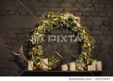 Christmas wreath on brick wall background 26533647