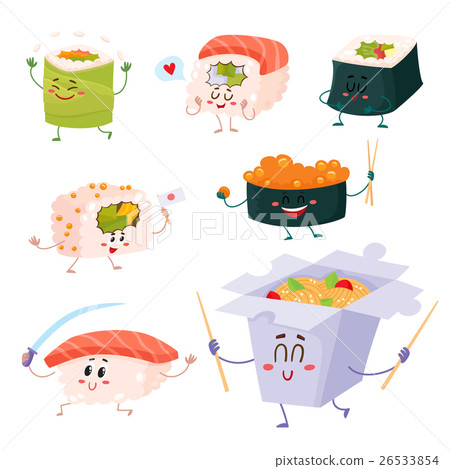 Japanese sushi, rolls, noodle characters with Japanese sushi, rolls, noodle characters with 26533854