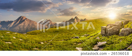 huge stones in valley on top of mountain at sunset 26536018