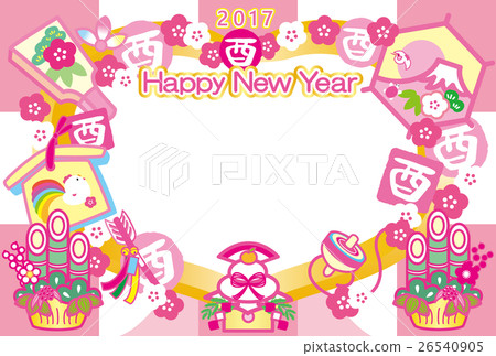 Photo frame New Year cards 2017 Year Year Rooster Cup Kamikaze Hattoi Board Kadomatsu Mt. Fuji HappyNewYear Pink 26540905