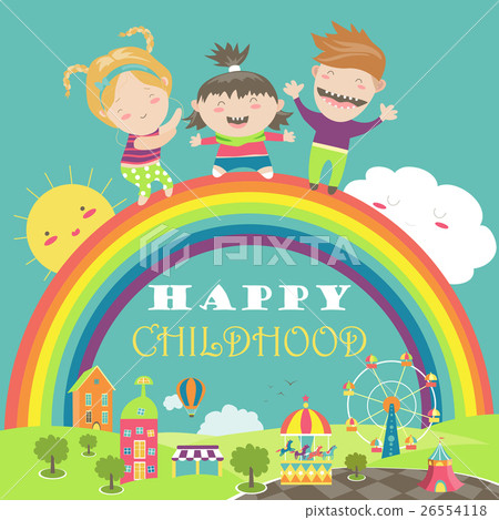 Happy children with rainbow and carousel 26554118
