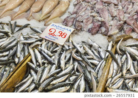 Variety of fish and seafood on local greece market Variety of fish and seafood on local greece market 26557931