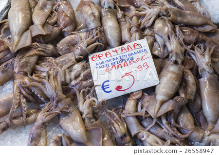 Variety of fish and seafood on local greece market Variety of fish and seafood on local greece market 26558947