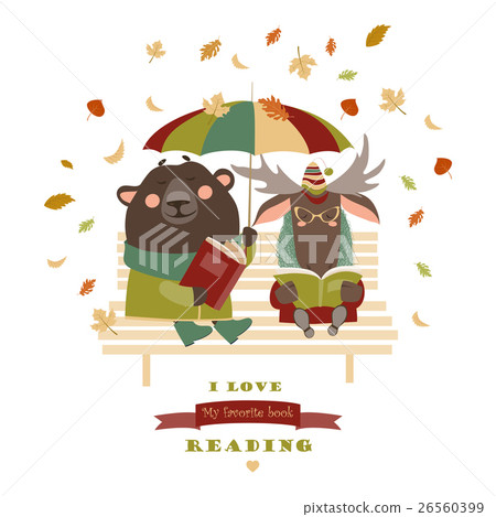 Cute bear and funny elk reading books on bench - Stock Illustration ...