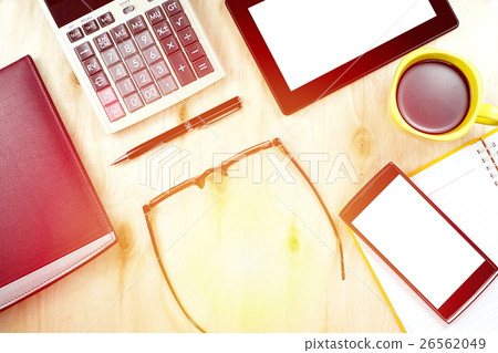 Working desk in top view with office supply Working desk in top view with office supply 26562049