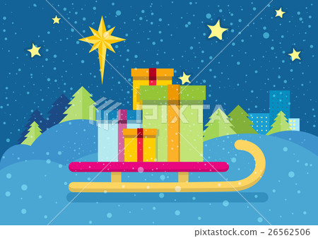 Christmas Presents on Sledge. Snowy Background 26562506