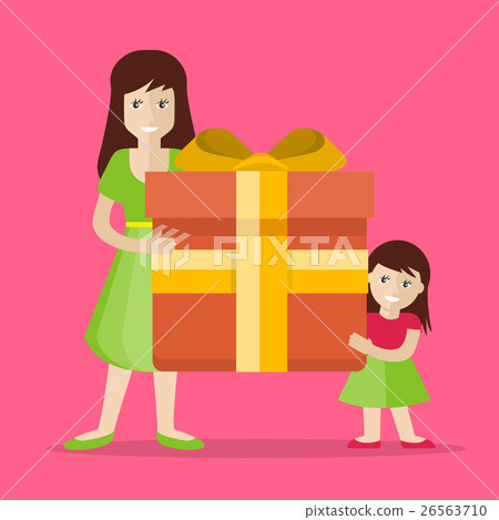 Mother and Daughter with Gift Flat Design Vector 26563710
