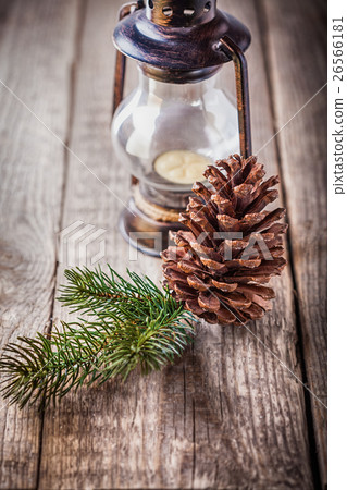 Christmas ornaments and old lamp on rustic wood Christmas ornaments and old lamp on rustic wood 26566181
