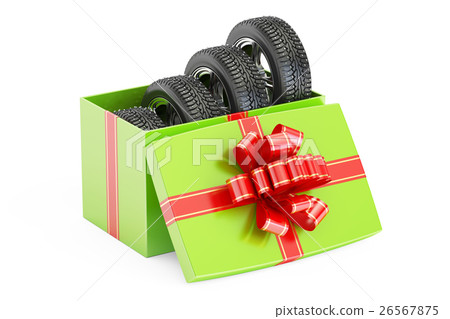 Gift Box with Winter Wheels, 3D rendering 26567875