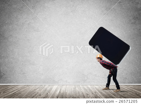 Builder man carry huge smartphone 26571205