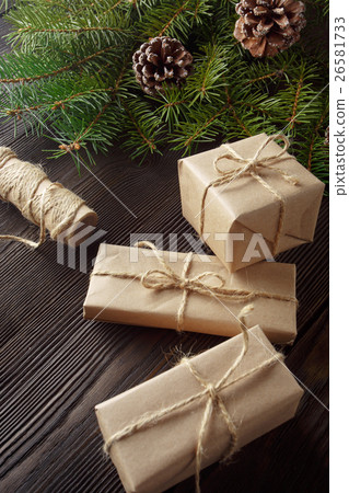 Christmas composition on wooden background with Christmas composition on wooden background with 26581733