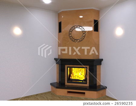 Corner marble fireplace. 3D render Corner marble fireplace. 3D render 26590235