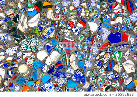 Wall with broken ceramic plates colored fragments Wall with broken ceramic plates colored fragments 26592658