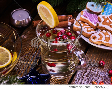 Christmas glass latte mug with lemon and cookies Christmas glass latte mug with lemon and cookies 26592722