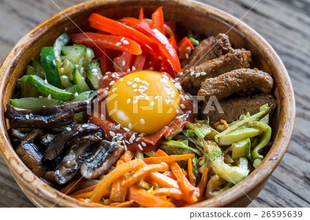 Bowl of bibimbap on the wooden table Bowl of bibimbap on the wooden table 26595639