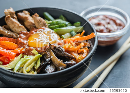 Bowl of bibimbap on the wooden table Bowl of bibimbap on the wooden table 26595650