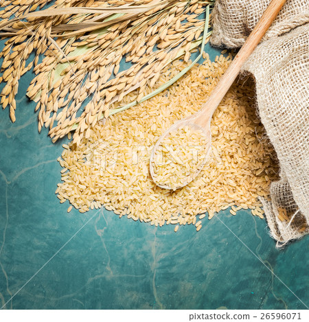 Brown rice,ear of spike and spoonful Brown rice,ear of spike and spoonful 26596071