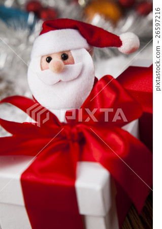 Beautiful gift box with red ribbon on Christmas 26597216