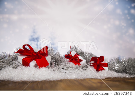 Christmas gift box and balls on snow 26597348