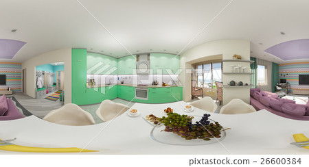 Render seamless panorama of living room interior Render seamless panorama of living room interior 26600384