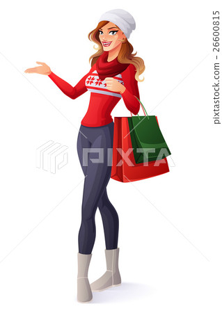 Smiling woman in Christmas outfit with shopping Smiling woman in Christmas outfit with shopping 26600815